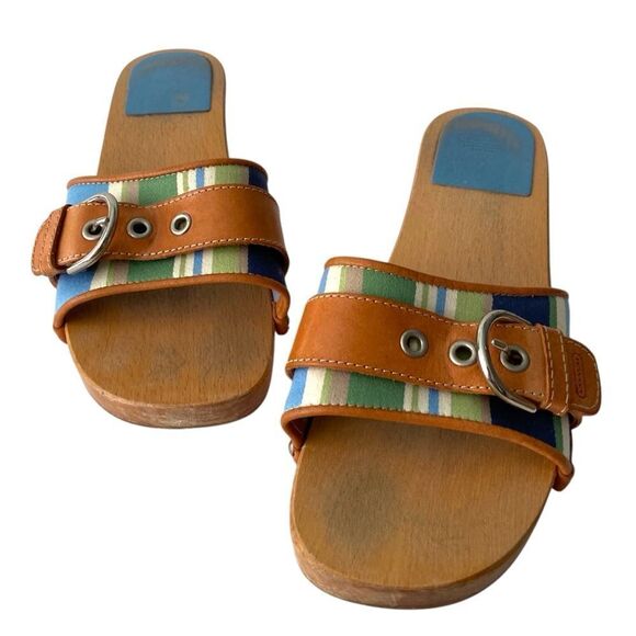 Vintage Coach Striped Canvas Vachetta Sandal Mid Heel in Size 8 - Picture 2 of 16